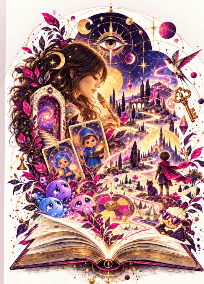 Mujer escribiendo frente a un libro abierto del que emergen las cartas, caminos, símbolos y portales del universo creativo MPA