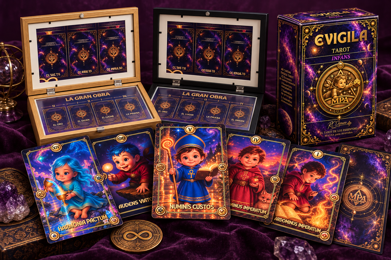 Universo EVIGILA con Box Tábula, caja cerrada, cartas del tarot y dorso integrado
